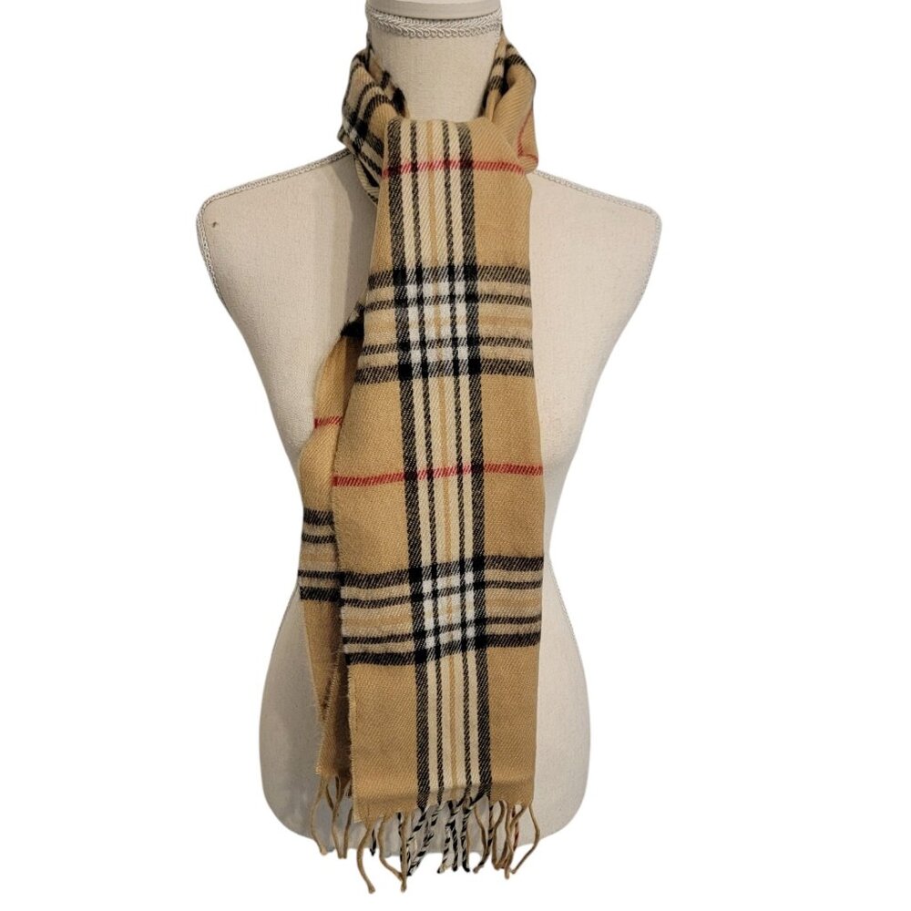 Plaid Scarf Acrylic Made In‎ Mexico Tan Black Red Unisex 59x12